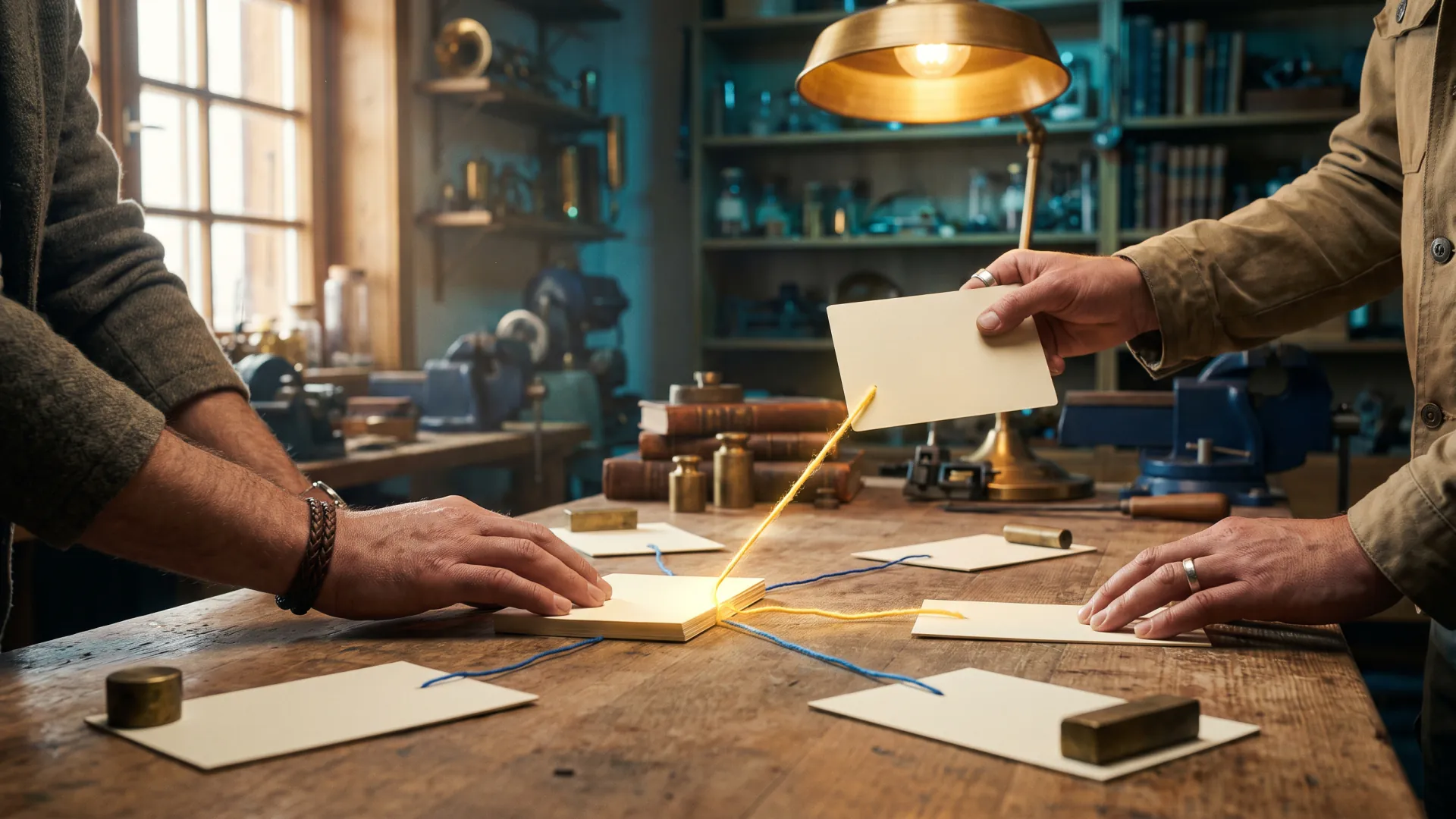 Young hands hold token cards connected by coloured threads of different strengths
