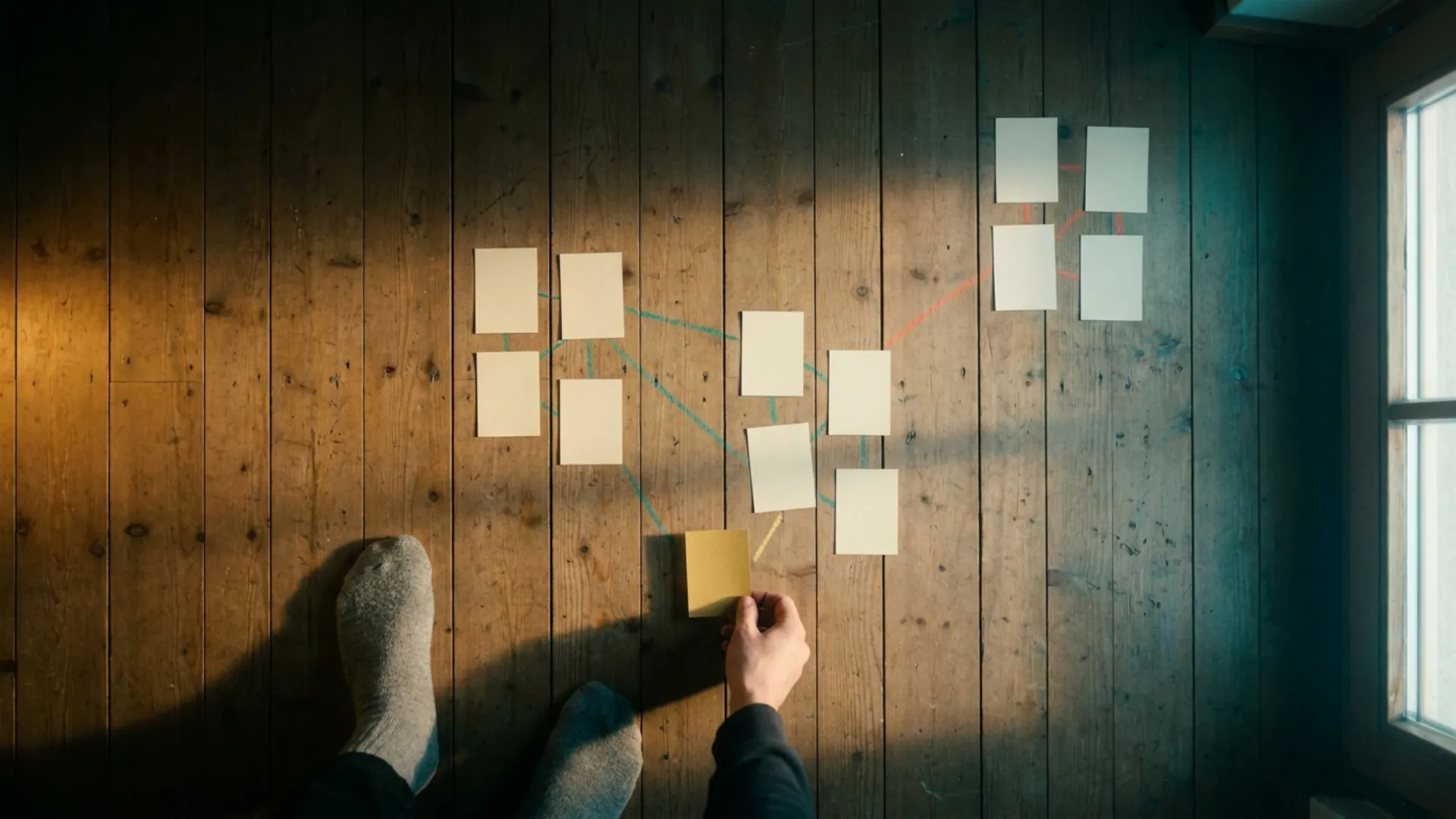 Seen from above, cards cluster on a wooden floor in chalk-linked groups, with a foot stepping in to place one more.