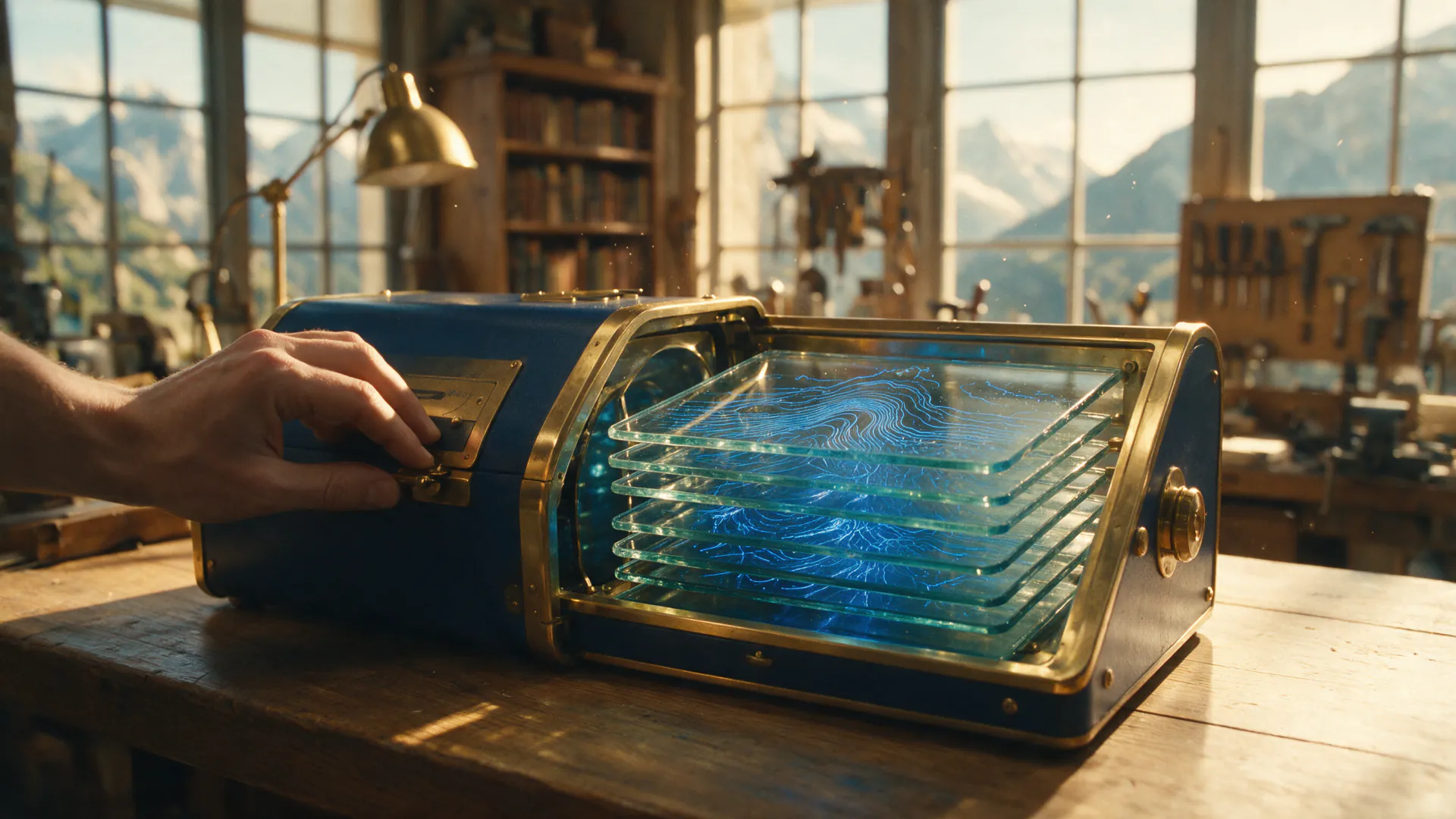 A transparent teaching machine reveals layered pathways and fine connecting threads