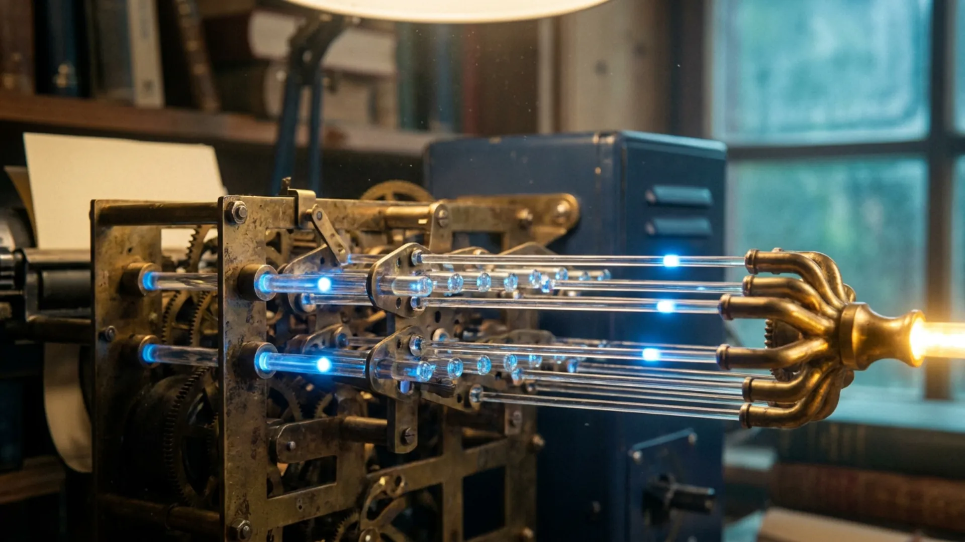 A macro mechanical matrix carries parallel blue inputs through gold operations to teal outputs