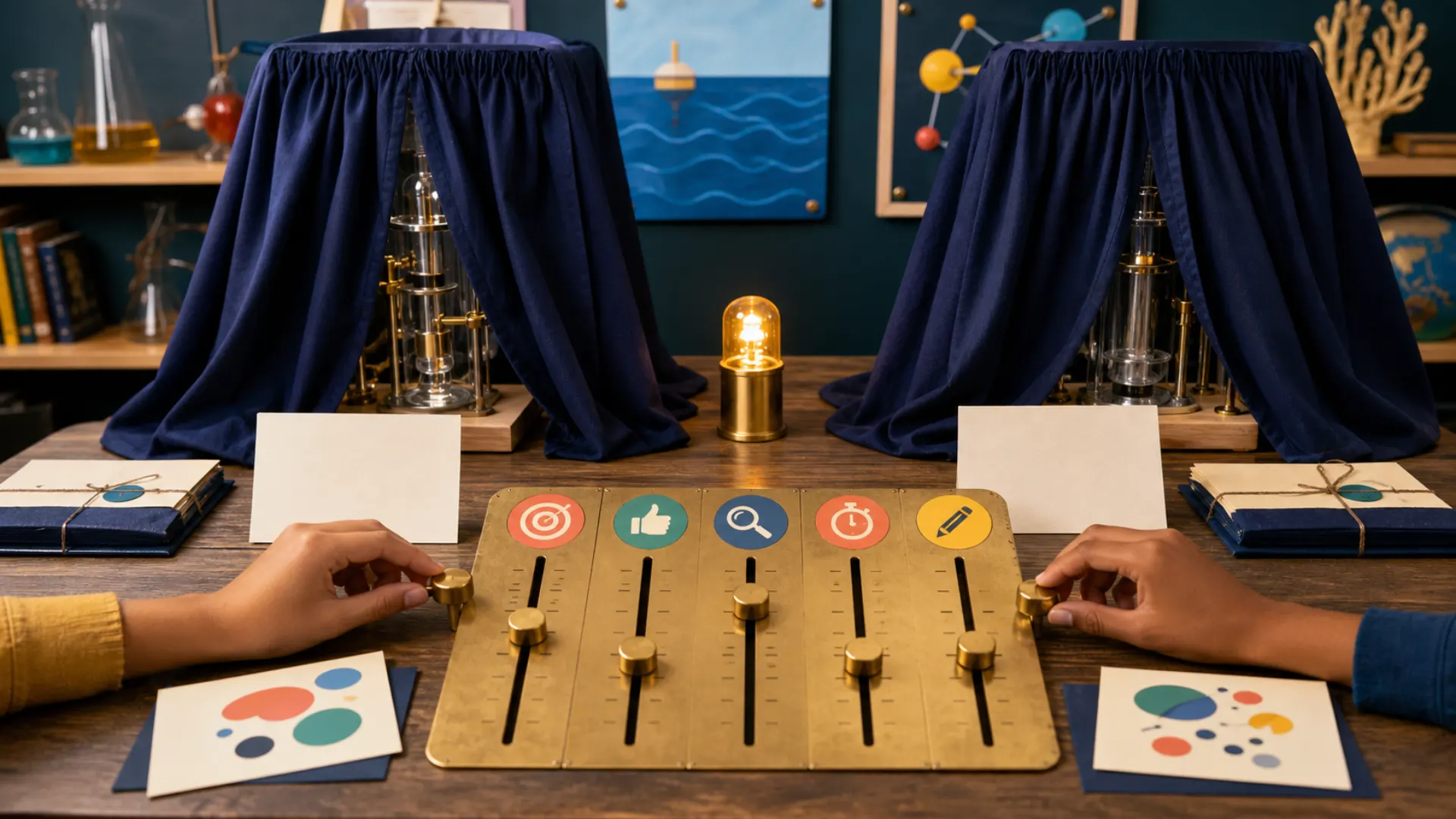 Two machines hidden behind matching curtains feed anonymous outputs into a physical scoring board