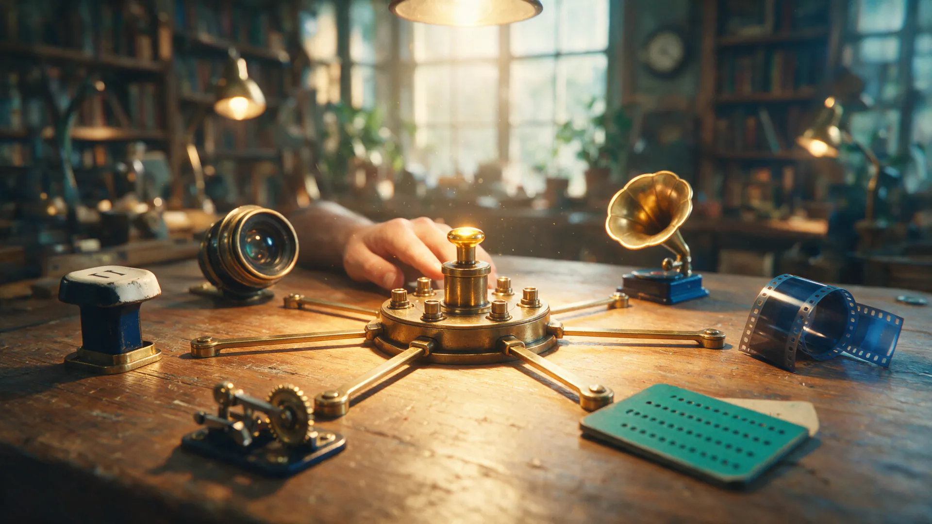 A brass routing switch connects to six different creative and mechanical instruments