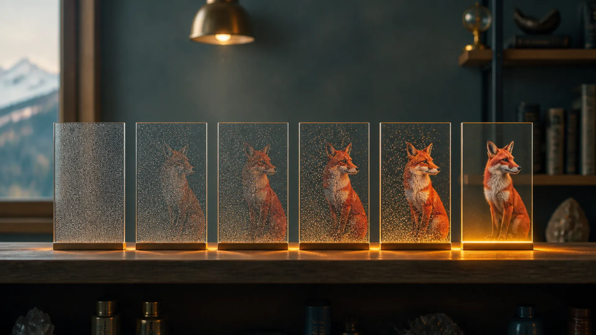 A generated fox portrait resolving from visual noise