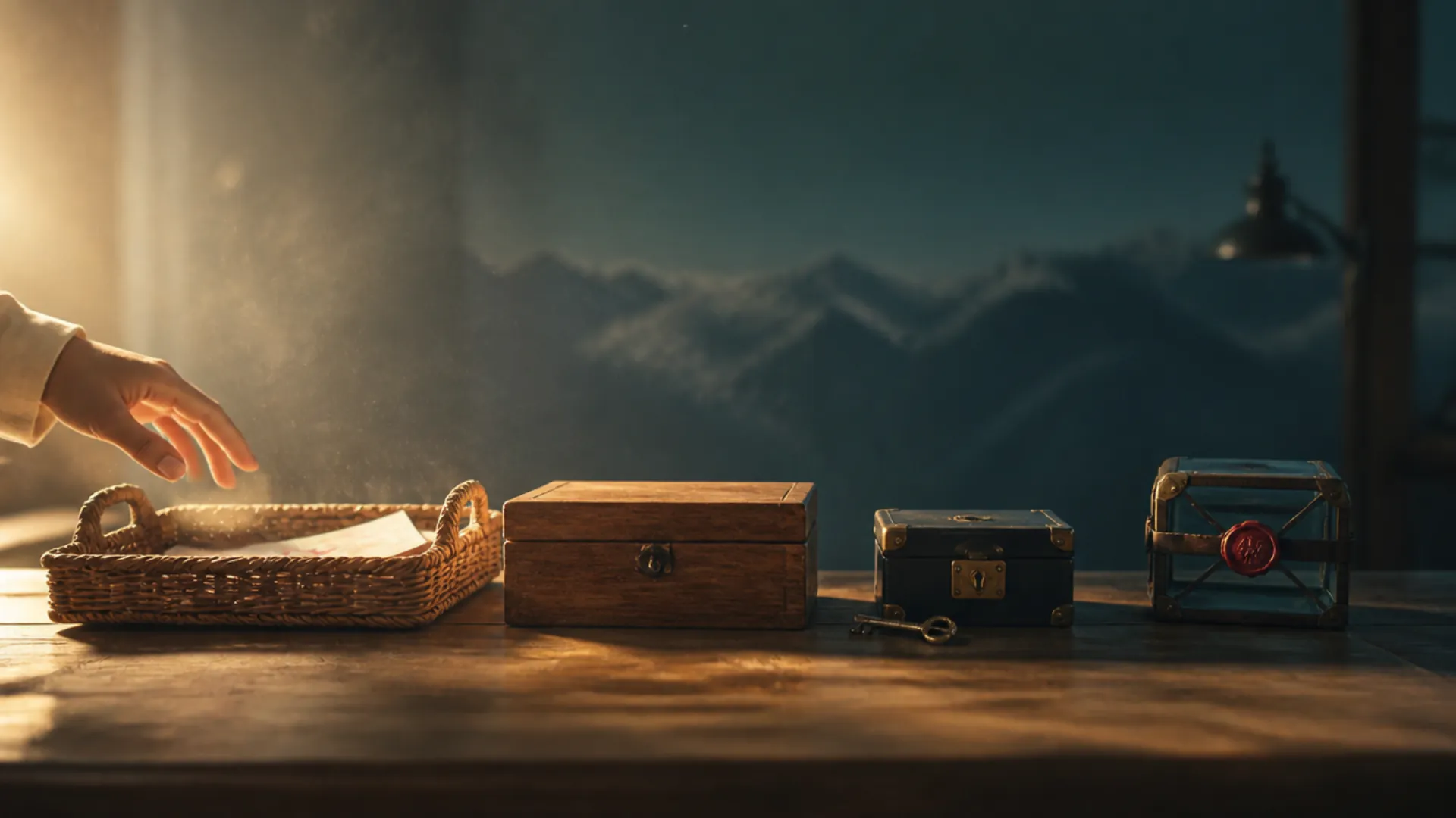 Nested trays, boxes, locked cases, and a sealed vault represent increasing privacy