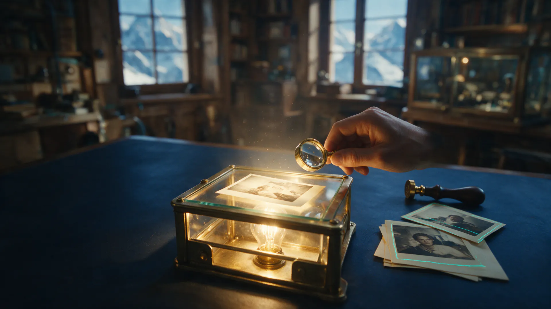 A hand holds a magnifying loupe over a photograph lit from below on a small lightbox, beside a stack of matching photographs.