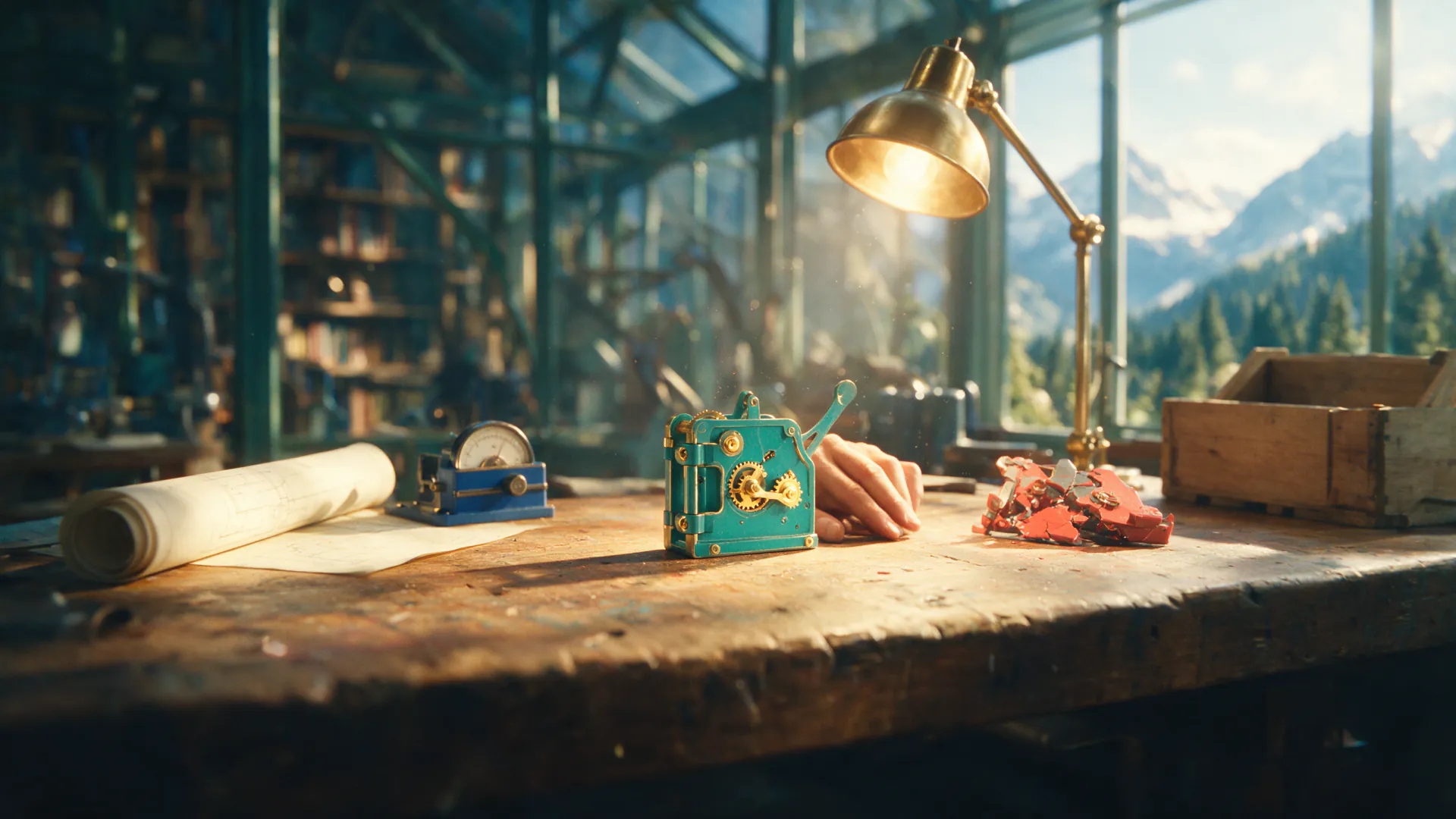 A small finished paper-and-brass object sits among a blueprint, test fixture, broken prototype, and shipping case