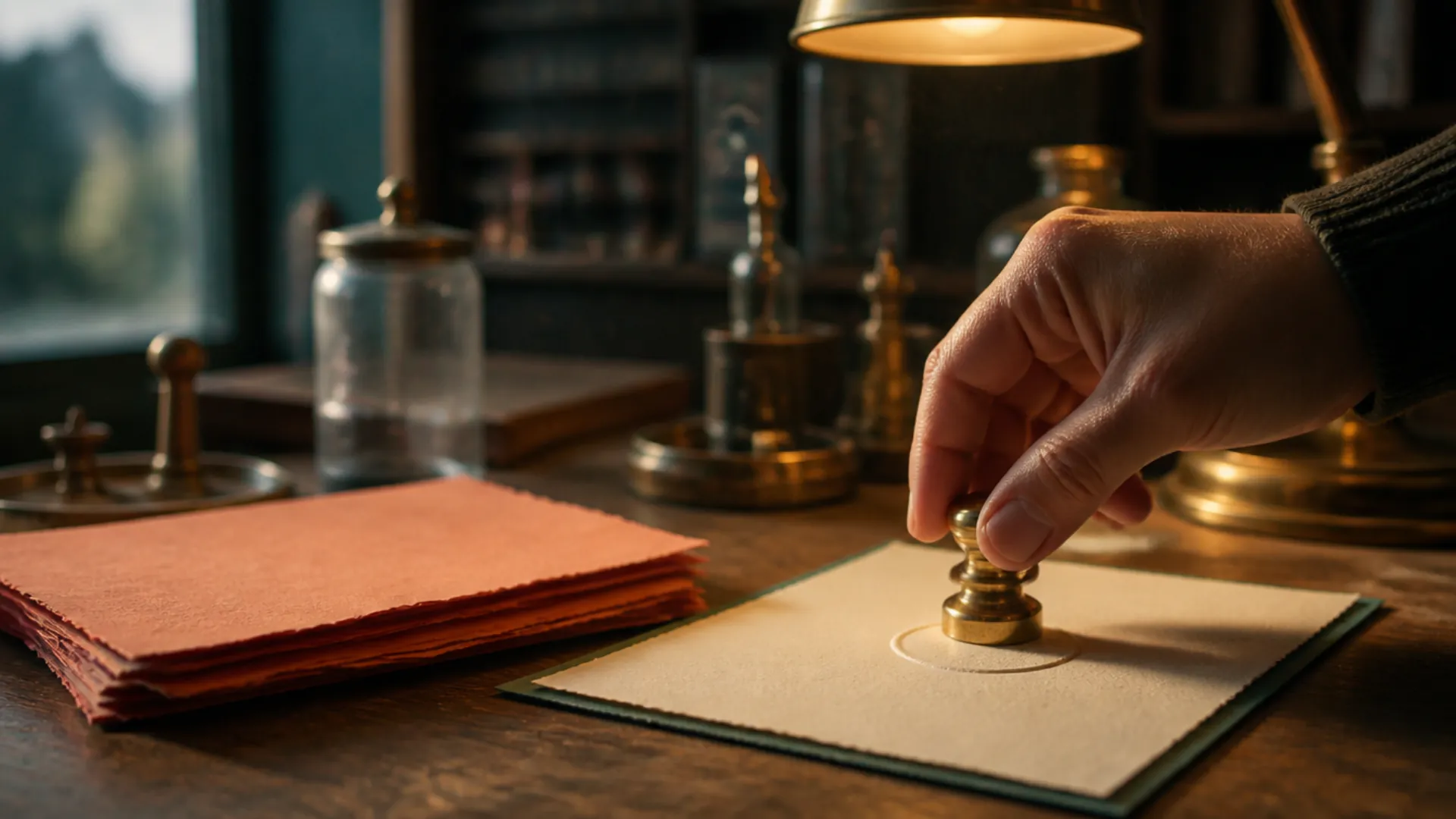 A hand presses a brass stamp onto a finished card, beside a small stack of rougher earlier drafts.