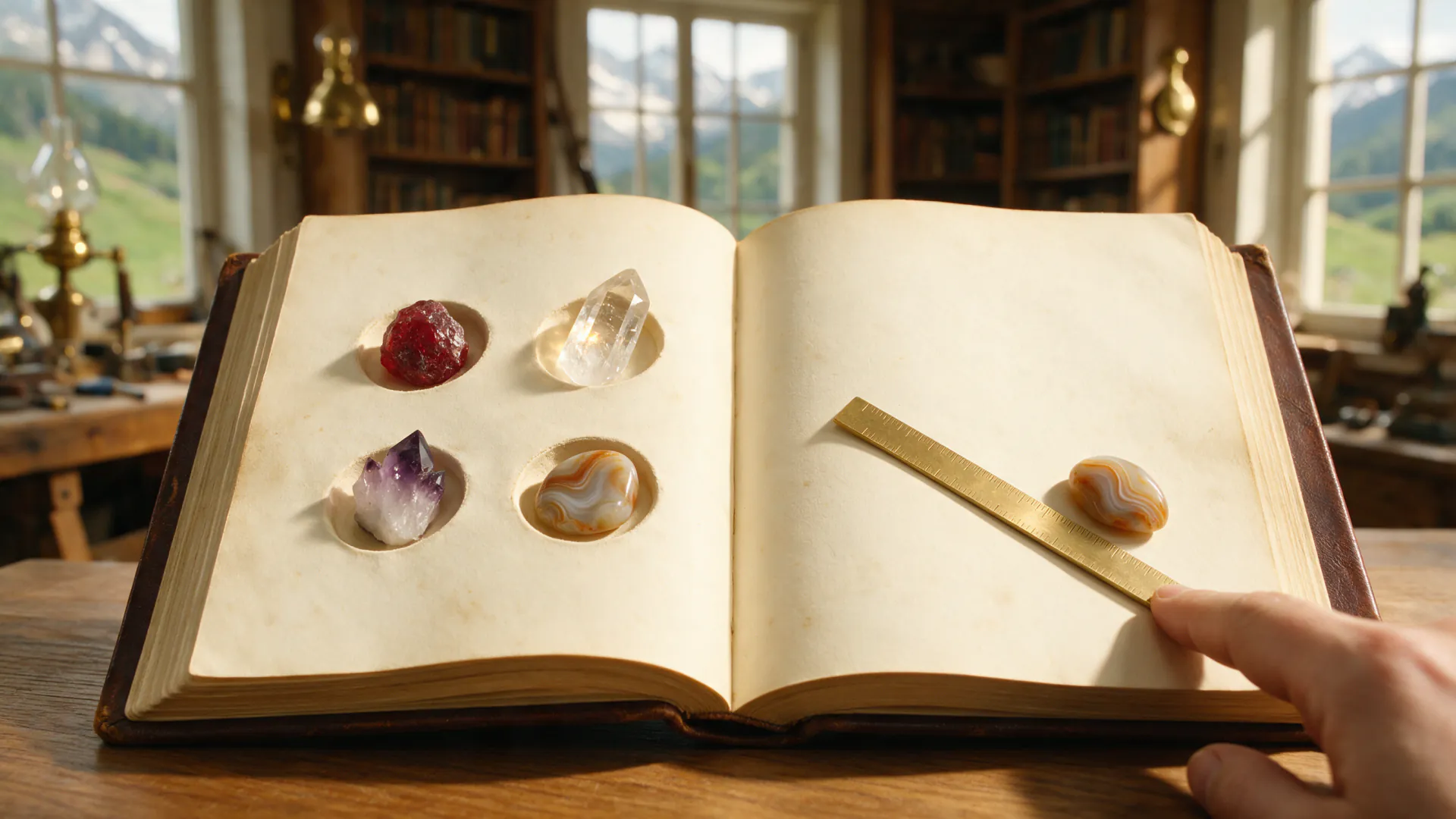 A small finished stone catalogue, bound and closed, next to two unlabelled specimens