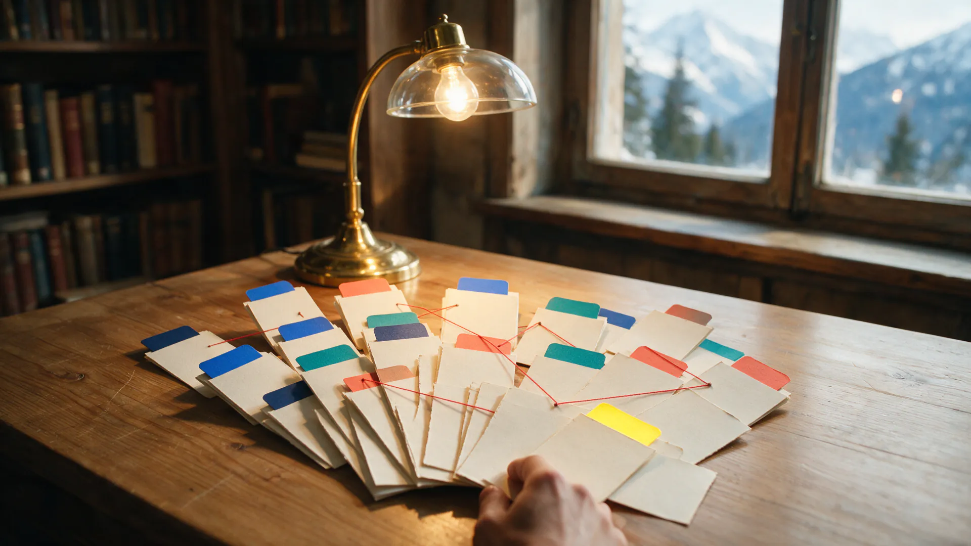 A set of handmade revision cards laid out beside a notebook on a workshop table