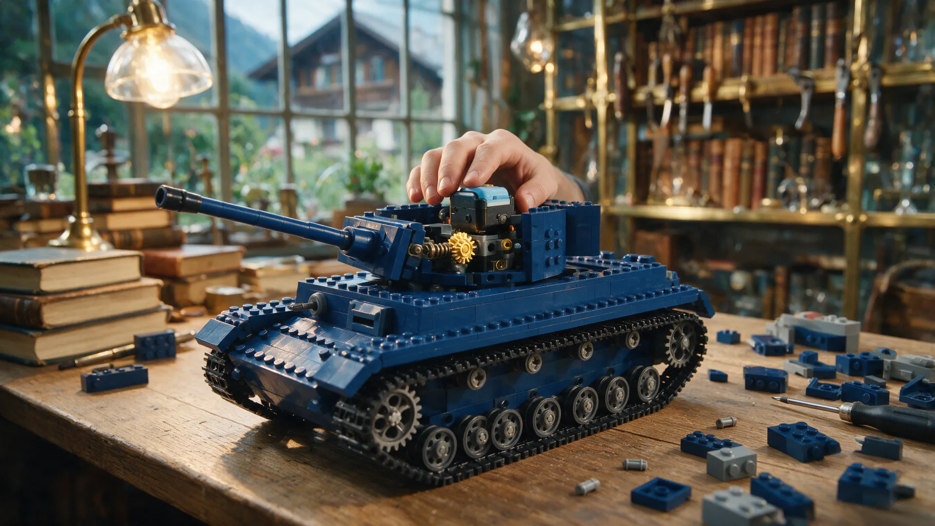 A part-built model tank with its turret mechanism opened up on the bench