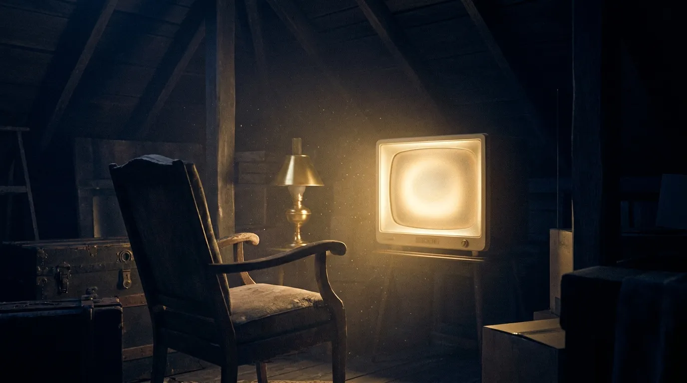 A young person faces a glowing screen in a dark room while a vast field of light rises behind it
