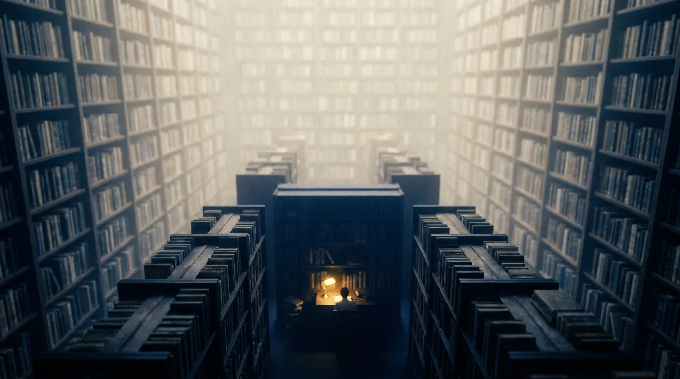 A vast library from above, one reading lamp glowing far below