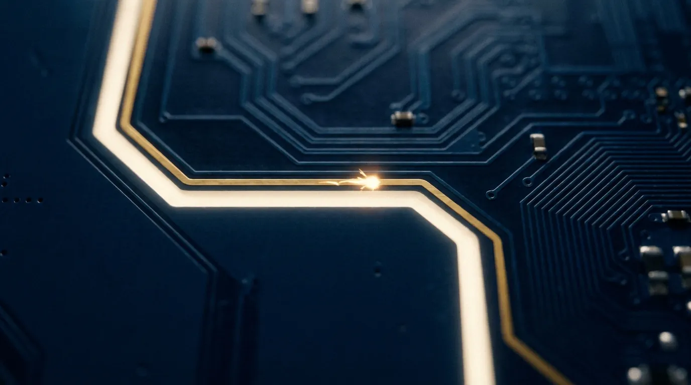 Macro of a computer chip, one gold trace glowing