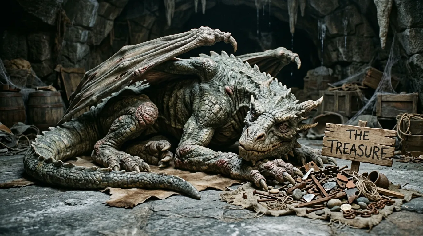 An ancient, arthritic dragon guarding something worthless, generated from that exact prompt
