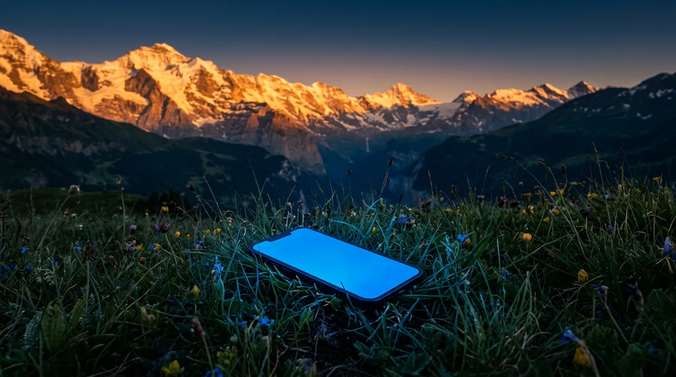 A phone glowing cold blue in meadow grass while golden light floods the peaks behind it